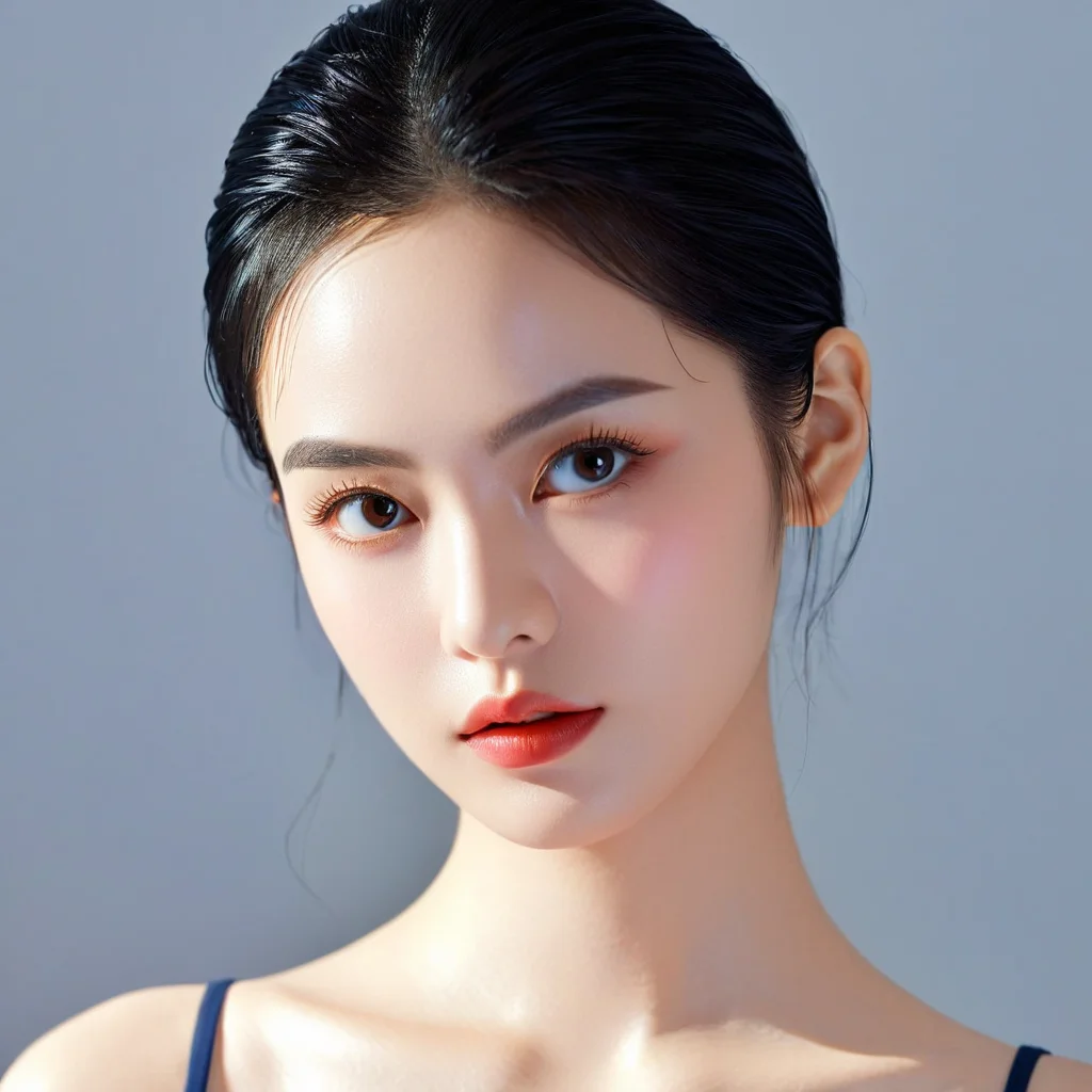 1girl,solo,black hair,realistic,looking at viewer,upper body,makeup,simple background,best quality,8k,insane details,intricate details,high detail,((masterpiece)),((best quality)),meiye,<lora:bmxl:0.65>,
