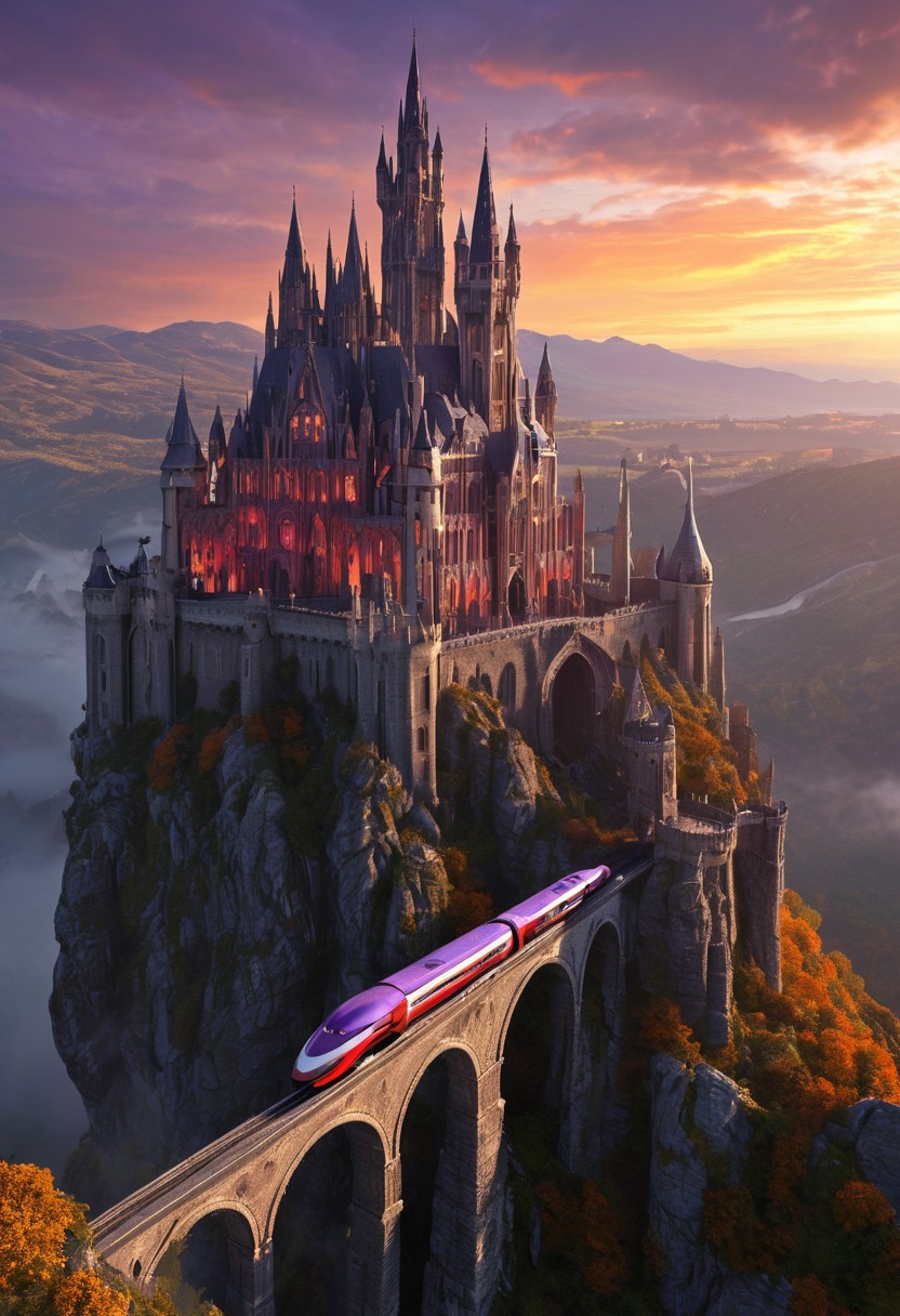 a highly detailed photorealistic CGI rendering of a fantastical, gothic-style castle set against a dramatic sunset. The castle, with its tall, spires and intricate architecture, is situated on a rocky cliff overlooking a vast, misty valley. The castle is constructed with dark stone and features multiple pointed arches and intricate carvings. It has a grand, imposing presence, with a central tower that reaches high into the sky. In the foreground, a futuristic train with sleek, modern cars travels along a narrow, winding track that extends from the castle. The train is painted in a striking combination of red and white, with purple accents on the wheels and engine. The track is supported by stone arches that blend seamlessly into the castle's structure. To the right of the image, a large, white airship hovers in the sky, its sleek design and large fins contrasting with the gothic architecture below. The sky is filled with dramatic, golden-orange hues, casting a warm glow over the entire scene. The horizon is blurred, suggesting a misty or foggy atmosphere, adding to the ethereal and fantastical feel of the image.