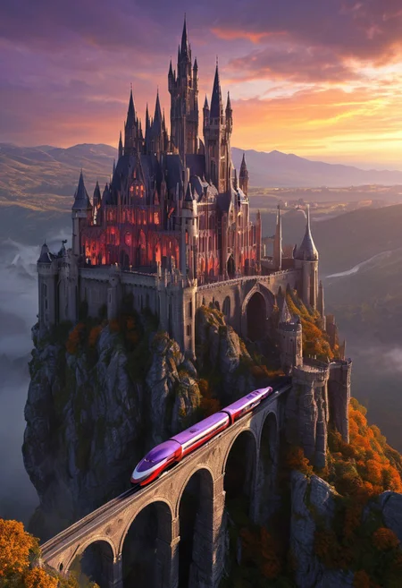 a highly detailed photorealistic CGI rendering of a fantastical, gothic-style castle set against a dramatic sunset. The castle, with its tall, spires and intricate architecture, is situated on a rocky cliff overlooking a vast, misty valley. The castle is constructed with dark stone and features multiple pointed arches and intricate carvings. It has a grand, imposing presence, with a central tower that reaches high into the sky. In the foreground, a futuristic train with sleek, modern cars travels along a narrow, winding track that extends from the castle. The train is painted in a striking combination of red and white, with purple accents on the wheels and engine. The track is supported by stone arches that blend seamlessly into the castle's structure. To the right of the image, a large, white airship hovers in the sky, its sleek design and large fins contrasting with the gothic architecture below. The sky is filled with dramatic, golden-orange hues, casting a warm glow over the entire scene. The horizon is blurred, suggesting a misty or foggy atmosphere, adding to the ethereal and fantastical feel of the image.