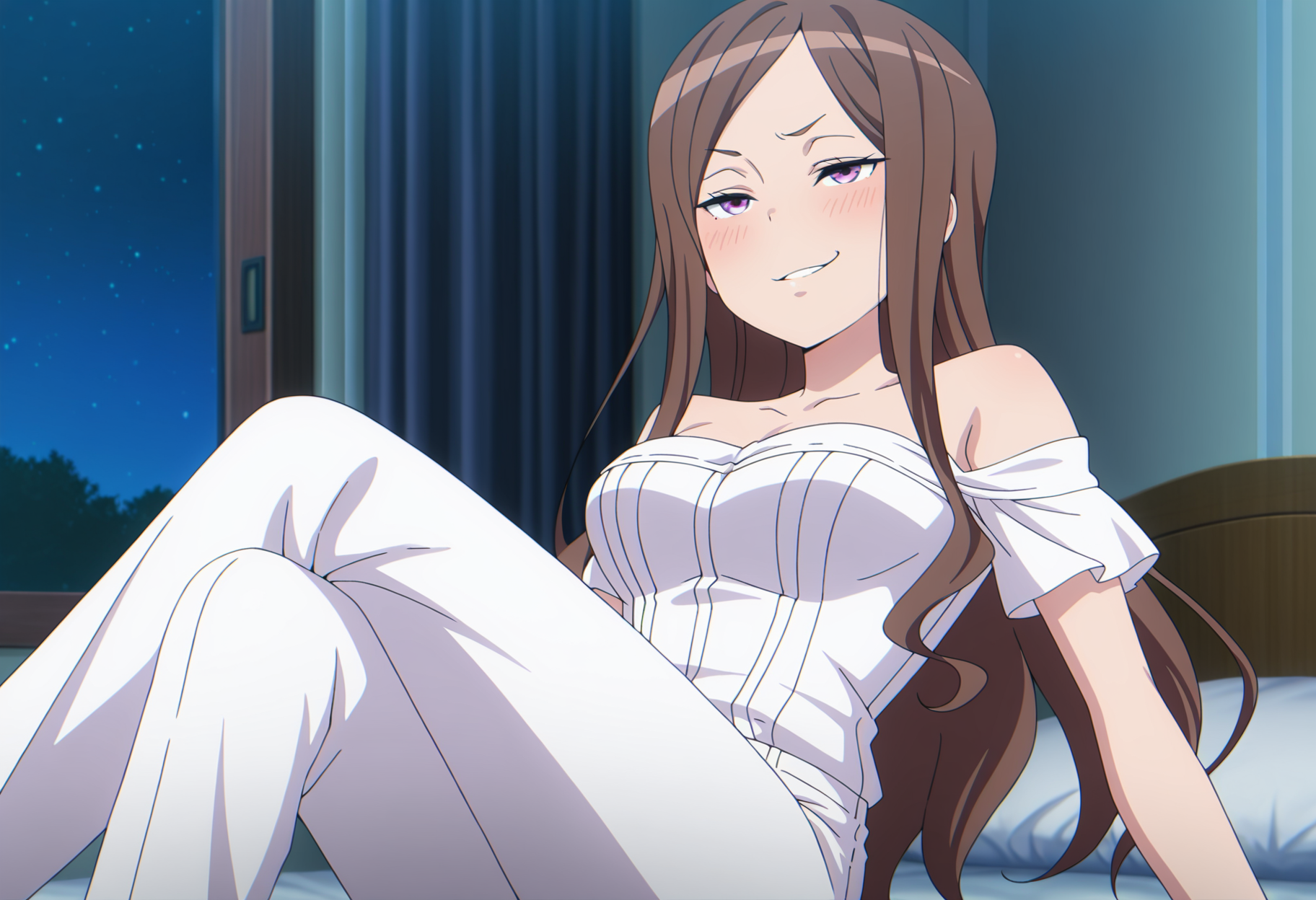 masterpiece, best quality, anime screenshot, anime, 1girl, solo, <lora:Dorothy [Illustrious] Princess Principal:1>, Dorothy, purple eyes, brown hair, long hair, white shirt, off-shoulder shirt, white pants, blush, on bed, night, sitting, facing viewer, on back, crossed legs, smirk, indoors, bedroom,