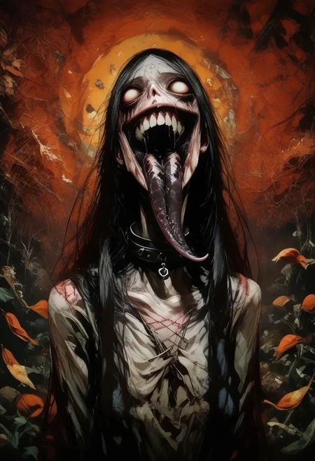 score_9, score_up_8, masterpiece, best quality, explicit,
hasshaku-sama, mature woman, large woman, tall woman, sagging breast, enormous breast, long hair, black hair, horror (theme), collar bone, bony body, skinny, anorexic, fall season, trees, red yellow and orange leaves, falling leaves, night, garden, Expressiveh,
teeth, tongue, open mouth, horror, blood, stiches, scars, black tongue, very long tongue