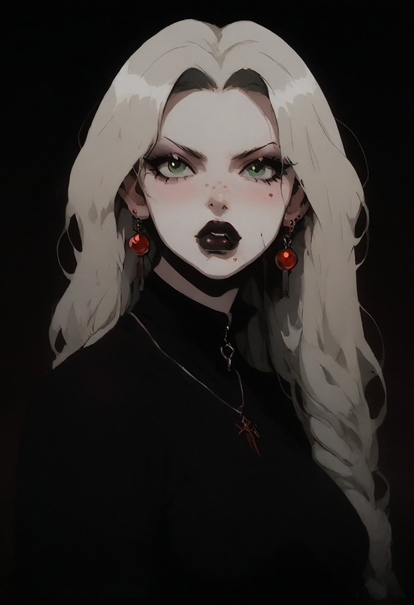 1girl, Kalluto Zoldyck, ((Goth Girl with very pale skin)),   black eyeliner , black lips, big breasts, big ass, thick lips, big lips, large lips,  bimbo lips, enormous lips, big thighs ,excessive pubic hair, plump, abs, wide hips, thick thighs, huge round ass, puckering lips, pouting face, (((blond hair))), two tone hair, 
 lip piercings, nose piercings, multiple ear piercings, navel piercings, septum piercing, 
score_9, score_8_up, score_7_up, score_6_up, source_cartoon, rating_explicit 
The background is a goth style bedroom,  lilandavastyle,
perfect slim figure, red earrings,  blonde, big ass, long braid, big breast, red high top shoes, blush stickers, makeup eyelids, freckles on the face, green eyes, a strand of long hair above the temples, excessive pubic hair, hairy stomach, hairy armpits, happy trail, skin dentation