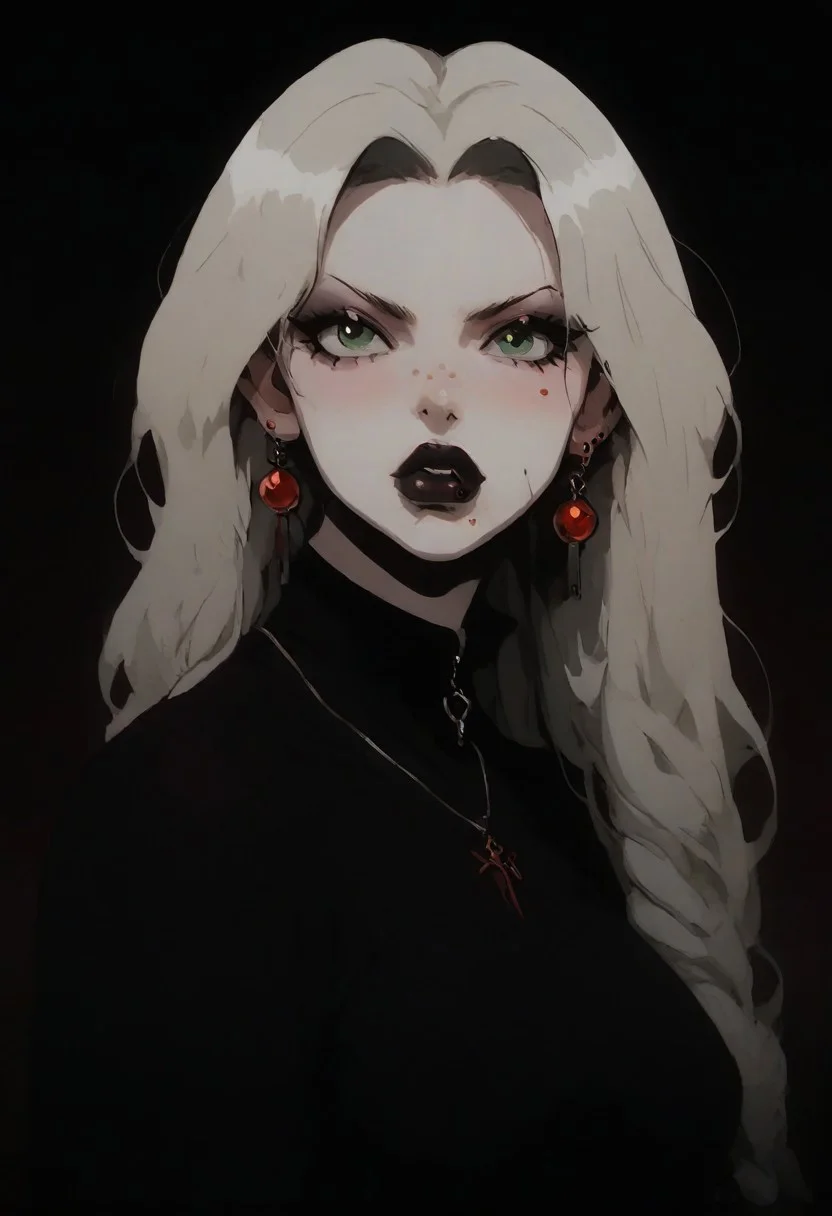 1girl, Kalluto Zoldyck, ((Goth Girl with very pale skin)), black eyeliner , black lips, big breasts, big ass, thick lips, big lips, large lips, bimbo lips, enormous lips, big thighs ,excessive pubic hair, plump, abs, wide hips, thick thighs, huge round ass, puckering lips, pouting face, (((blond hair))), two tone hair,
lip piercings, nose piercings, multiple ear piercings, navel piercings, septum piercing,
score_9, score_8_up, score_7_up, score_6_up, source_cartoon, rating_explicit
The background is a goth style bedroom, lilandavastyle,
perfect slim figure, red earrings, blonde, big ass, long braid, big breast, red high top shoes, blush stickers, makeup eyelids, freckles on the face, green eyes, a strand of long hair above the temples, excessive pubic hair, hairy stomach, hairy armpits, happy trail, skin dentation