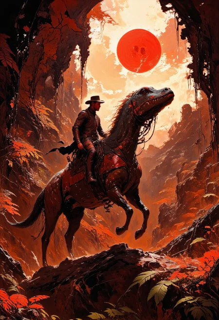 A daring alligator rancher confidently rides on the back of a majestic giraffe in a lush crimson forest at sunset. The giraffe gracefully strides through the dense foliage, showcasing its impressive height and spots, while the alligator rider wears a cowboy hat and holds a lasso, creating a surreal and adventurous scene. The sunlight filters through the canopy, casting a warm glow over the rich red hues of the forest.
<lora:flux.1_lora_flyway_Epic-Characters_v1:0.43>