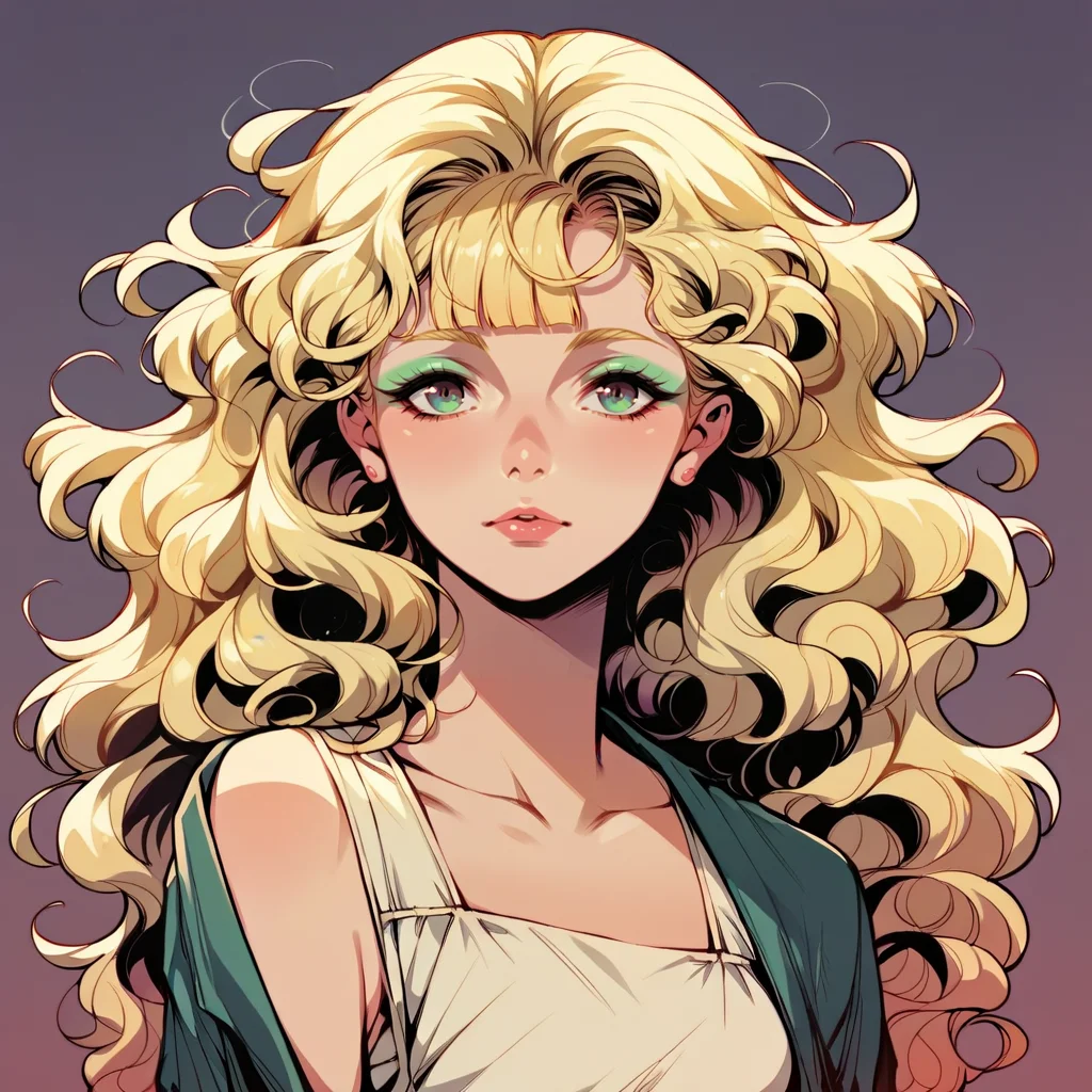 score_9, score_8_up, score_7_up, score_6_up, score_5_up, makeup, wavy hair, <lora:v1nv1xXLP:1> v1nv1x, 1girl, blonde hair, curvy, looking at viewer, 1980s, blunt bangs