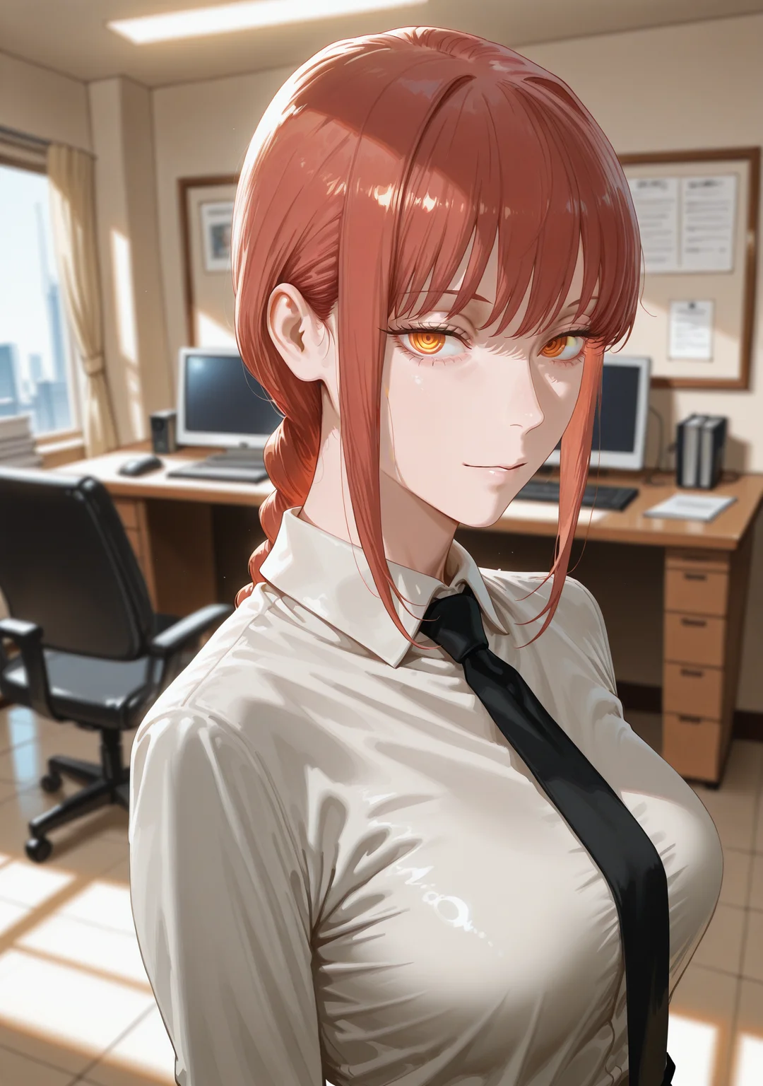 1girl,looking at viewer,standing,upper body,<lora:tommustyle3:1>,tommustyle,
makima \(chainsaw man\),office,