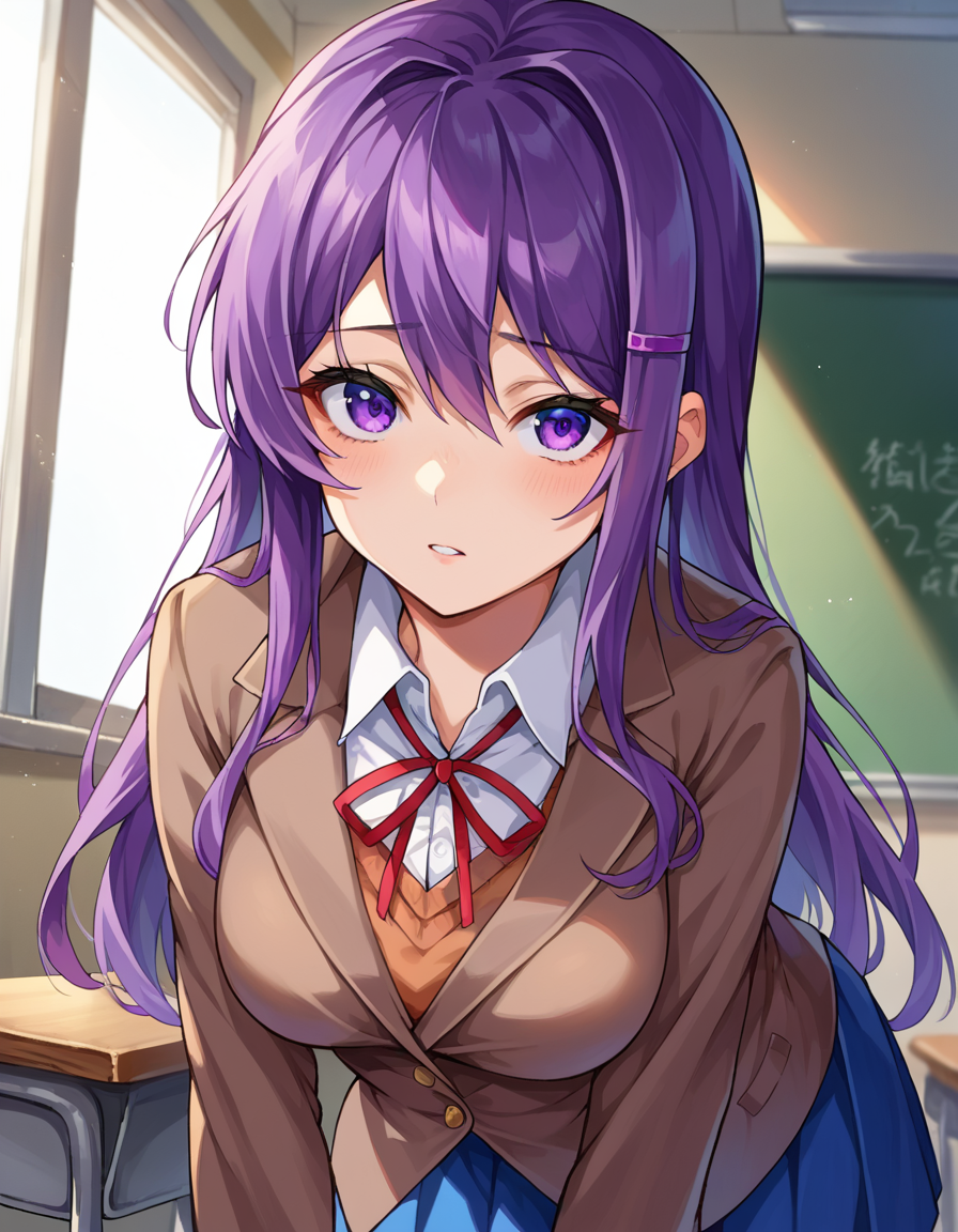 score_9, score_8_up, score_7_up, source_anime,
ddlcyuri, <lora:ddlc-yuri-ponyxl-lora-nochekaiser:1>
ddlcyuri, hair ornament, hairclip, long hair, purple eyes, purple hair,
blazer, blouse, blue skirt, jacket, brown jacket, miniskirt, neck ribbon, ribbon, school uniform, shirt, skirt, white shirt, wing collar,
indoors, classroom, bent over,
looking at viewer, dutch angle, cowboy shot,