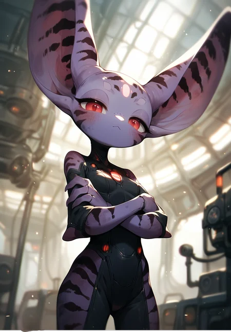 score_9, score_8_up, score_7_up, score_6_up, score_5_up, score_4_up,solo, cute alien girl engineer, long ears, (big evil red eyes), transparent body,stripes,cut , close up, half closed eyes, wearing futuristic jumpsuit, dirty skin,violet skin, skinny, engine room of a spaceship ,detailed background, medium chest,indoor, from below, crossed arms, looking at viewer
LoRA:
ToraFurry_XL_PonyV6_p1-t1 (SDXL) - 0.86