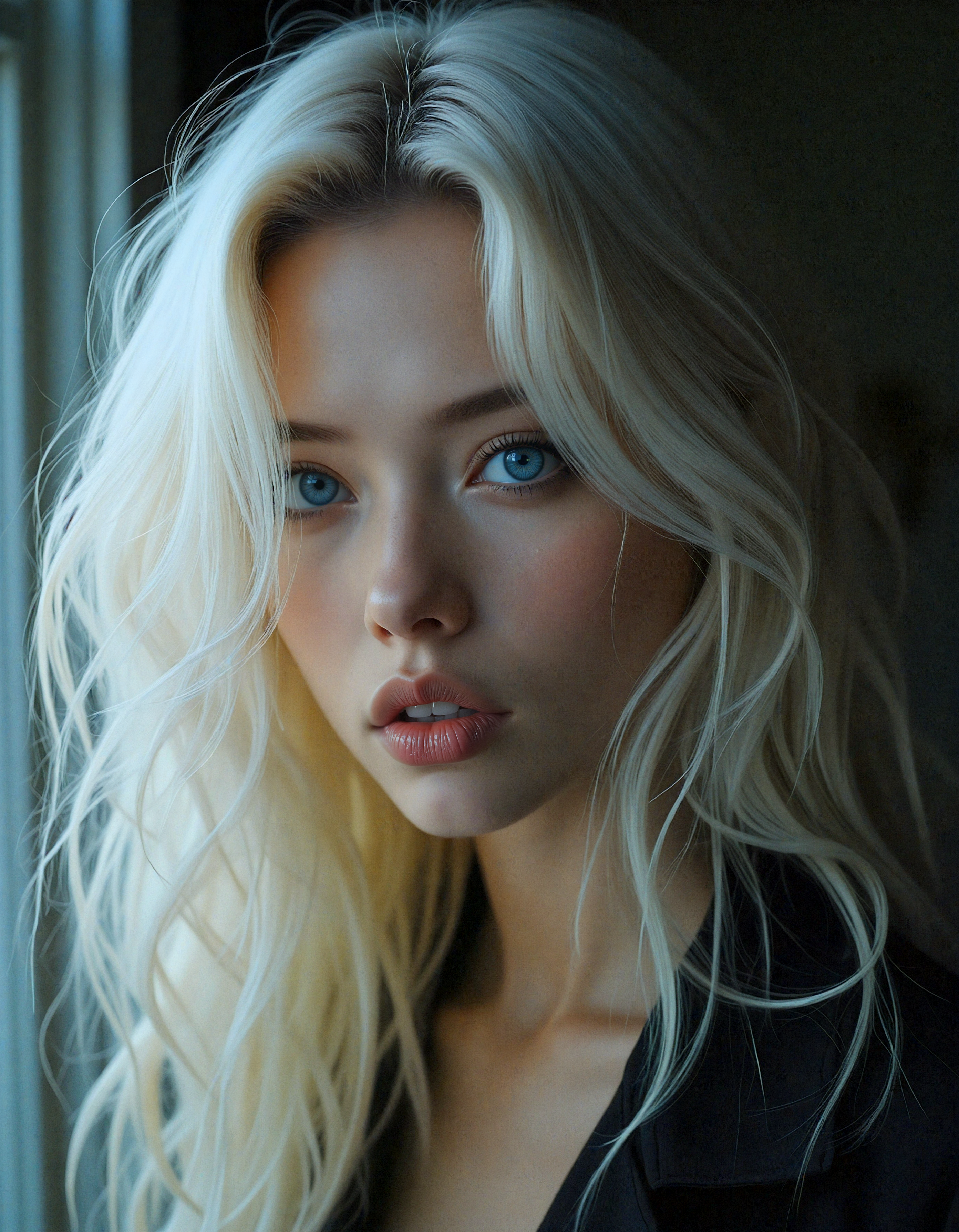 HDR photo of (dark mood masterpiece Photography:1.2), portrait of a mysterious woman with blue eyes and bold eyeliner looking seductively, smirking, naughty expression, long wavy white hair. The extreme realism focuses on her detailed skin, showing fine textures and natural highlights. photography masterpiece, modern, irresistible beauty, fuzzy lighting, dark mood, unusual composition, use of negative space, (rule of thirds composition), simmetry , mysteriouse, emotional, flirting, (fine erotic content:0.65), groundbreaking unrivaled opus with unrivaled details, (Lemon Yellow color scheme), highly detailed, melancholic, low-light hyper detailed photography, catchlights, from below, pov shot,seen from below view,style by jamie hewlett,canon 5d mark 4,vivid art gallery spotlights . High dynamic range, vivid, rich details, clear shadows and highlights, realistic, intense, enhanced contrast, highly detailed