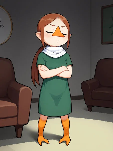 score_9, score_8_up, score_7_up, (standing, disappointment, crossed arms, closed eyes,, ), <lora:Medli:0.9>, brown hair, ponytail, beak, bird feet, young, small breasts, flat chest, looking at viewer, room, couch,
green tunic, red tunic, white scarf,