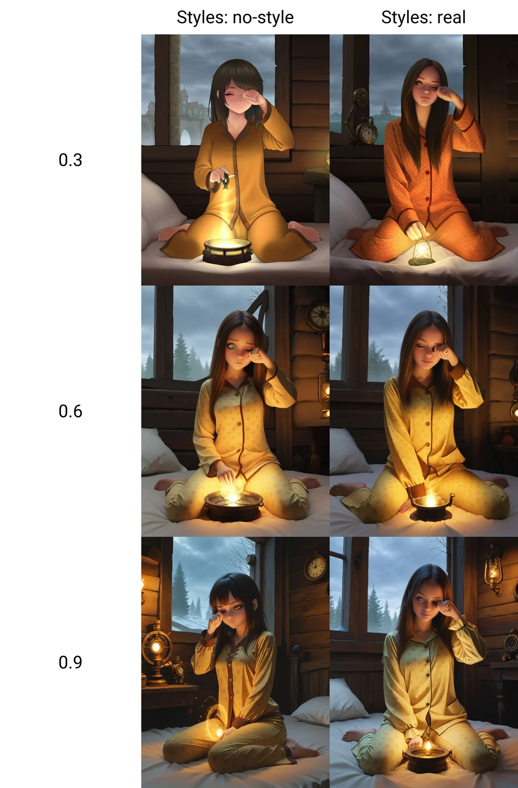 <lora:semireal:0.3>, masterpiece,amazing quality,best quality,ultra-detailed,8K,illustration,CG,shiny hair,clear skin,ultra-detailed-eyes,simple background,cute girl, eyelashes rubbing eyes, one eye closed, pajamas, long sleeves, pants,moring,on bed,wariza, masterpiece, best quality, absurdres, highres, undertow, front view, Overcast day, diffuse light, (fantasy, medieval, magic, steampunk, magicpunk)
