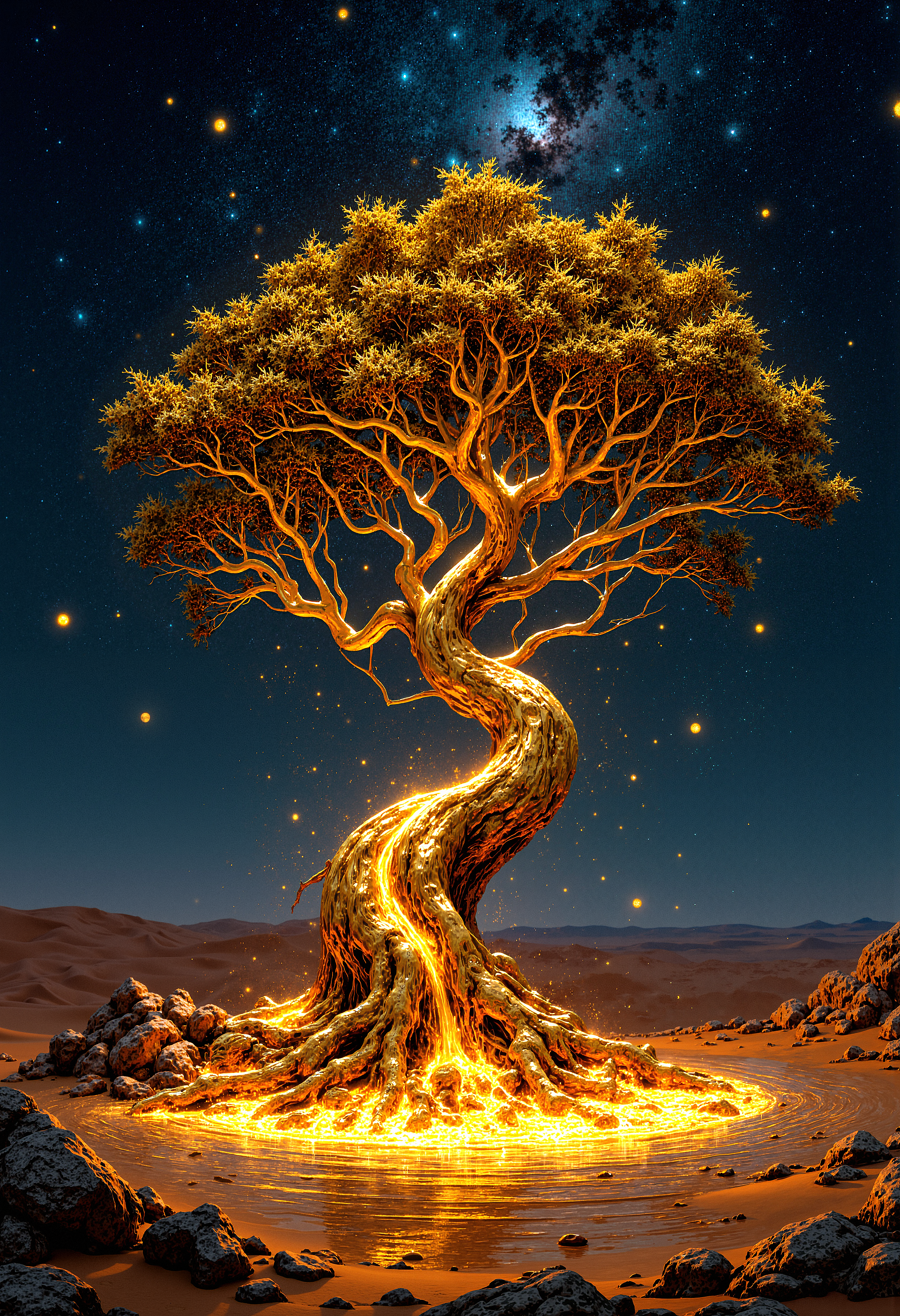 A surreal scene of a colossal tree made entirely of flowing liquid gold, rising in the middle of a vast desert under a night sky filled with swirling galaxies. The tree's branches twist and curve, resembling intricate golden threads, reflecting the light of distant stars. At the base of the tree, a pool of molten gold glows, casting a soft, warm light. Small, bioluminescent creatures resembling floating orbs of light circle the tree, adding a touch of magic. The scene has a hyper-realistic quality, with incredible detail in the flowing gold and the night sky. The atmosphere is calm yet awe-inspiring, with a sense of ancient power and otherworldly beauty. Cinematic lighting highlights the golden tree, making it the central focus against the dark, starry desert backdrop. <lora:FluxMythP0rtr4itStyle:0.8> MythP0rt,