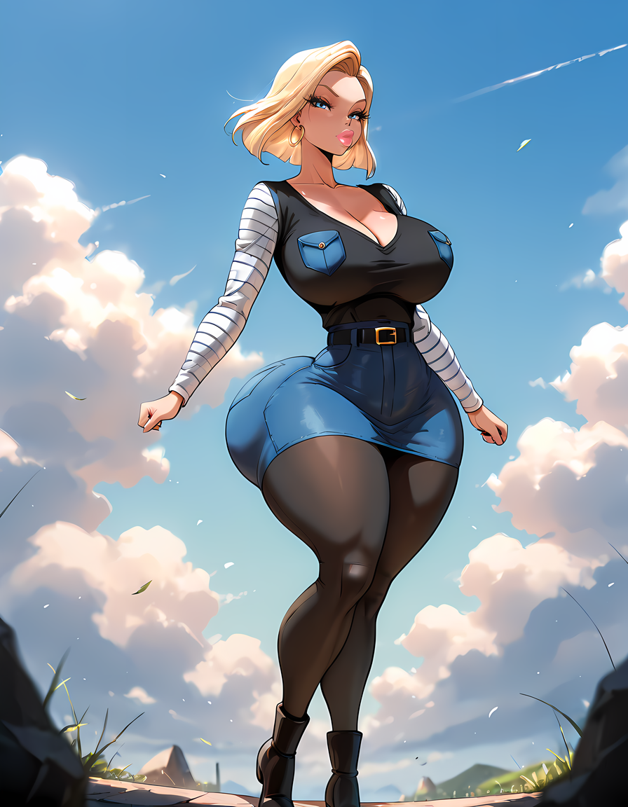 high quality, score_9, score_8_up, source_7_up, very aesthetic, high resolution, newest, depth of field, volumetric lighting, (masterpiece, best quality, ultra-detailed, High detailed), beautiful faces, more detail XL, absurdres,masterpiece,best quality,amazing quality, masterpiece,best quality,amazing quality, 8k, 
BREAK  <lora:style_hhammerh_r2:1> style_hhammerh, wide hips, narrow waist, big ass, large breasts, thick thighs, big lips, android 18, blonde hair, blue eyes, eyelashes, hoop earrings, short hair, earrings, belt, black legwear, black shirt, breast pocket, cleavage, collarbone, denim, denim skirt, high-waist skirt, jewelry, long sleeves, pocket, shirt, shirt tucked in, skirt, striped, striped sleeves, waistcoat, full body, detailed background, dynamic pose, sky, day time, clouds, looking at viewer