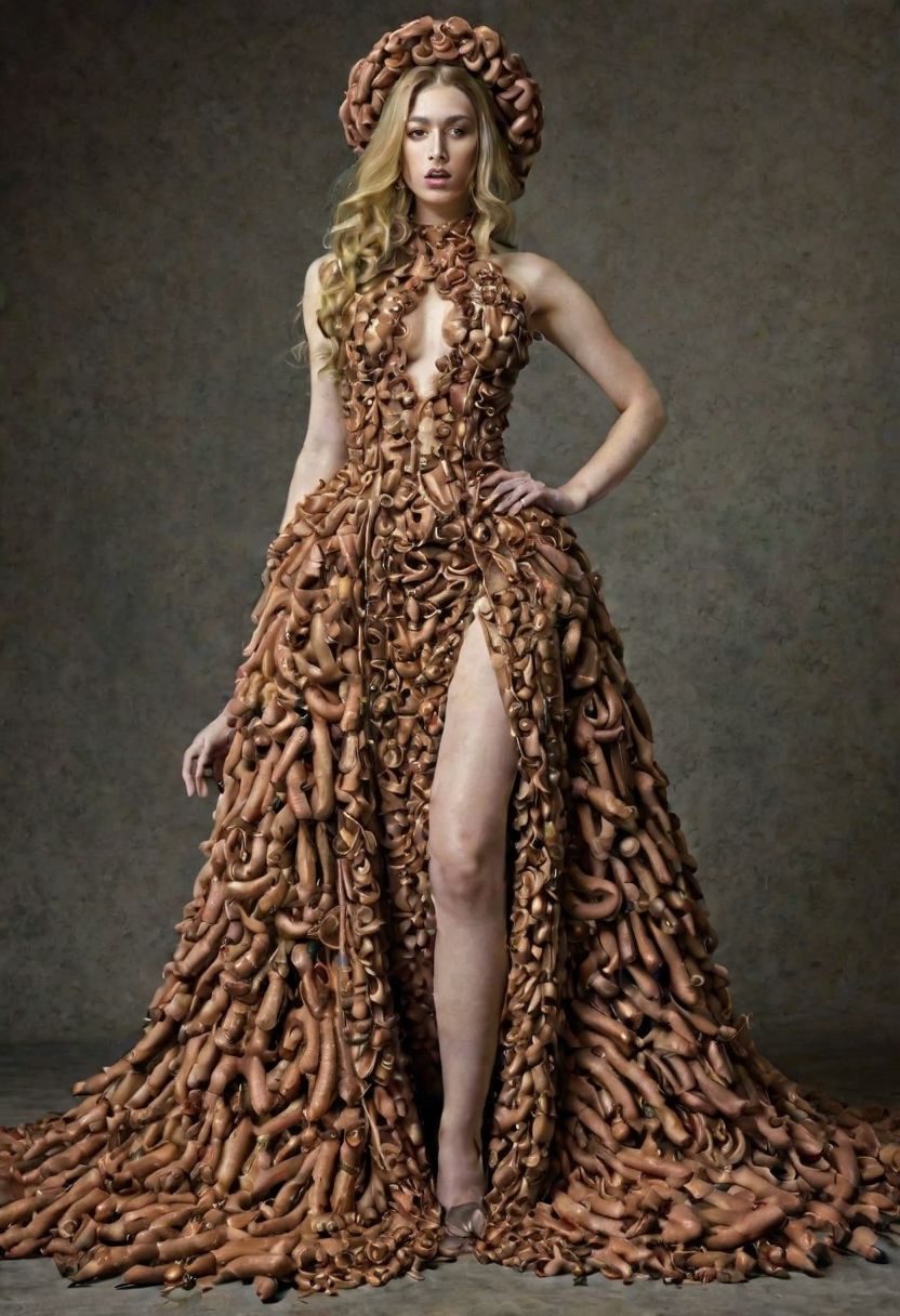 weird fashion, elaborate  full length gown made entirely from penises and scrotums, fashion photography , female model, inspired by renaissance paintings