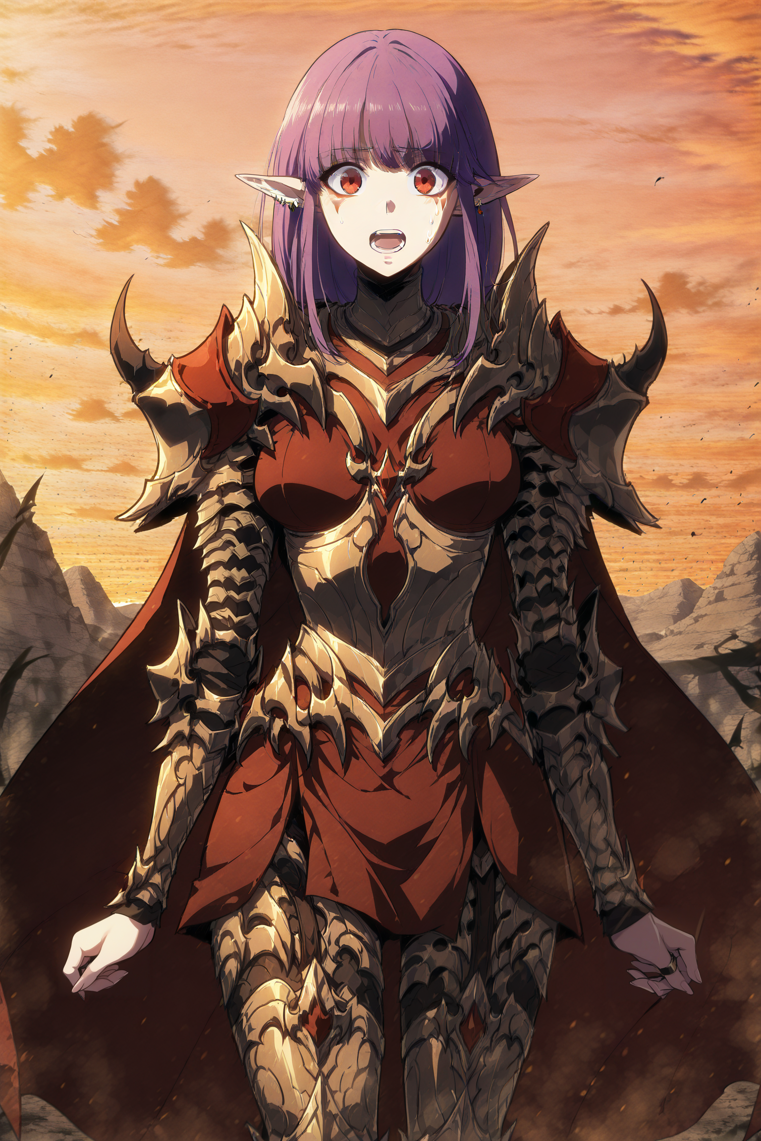 anime screencap, anime coloring, detailed face, masterpiece, best quality, very aesthetic, absurdres, volumetric lighting, official style, amazing quality, ultra detailed,  highres, amazing quality, scenery, beautiful detailed hair, beautiful detailed eyes, detailed fingers,
<lora:Esil_Radiru_Solo_Leveling_Arise:1>
Esil Radiru, 1girl, pointy ears, red eyes, armor, pauldrons, shoulder armor, red cape, armored boots, solo, purple hair, looking at viewer, long hair, sweatdrop, facial mark, open mouth, earrings, elf, orange sky, looking at the viewer, :O, cowboy shot