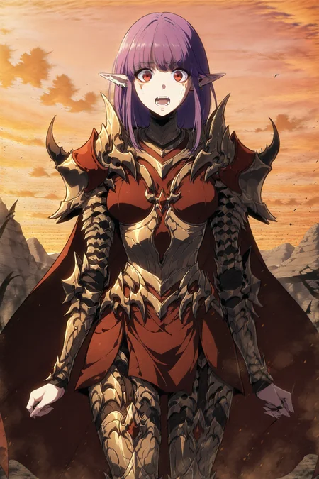 anime screencap, anime coloring, detailed face, masterpiece, best quality, very aesthetic, absurdres, volumetric lighting, official style, amazing quality, ultra detailed,  highres, amazing quality, scenery, beautiful detailed hair, beautiful detailed eyes, detailed fingers,
<lora:Esil_Radiru_Solo_Leveling_Arise:1>
Esil Radiru, 1girl, pointy ears, red eyes, armor, pauldrons, shoulder armor, red cape, armored boots, solo, purple hair, looking at viewer, long hair, sweatdrop, facial mark, open mouth, earrings, elf, orange sky, looking at the viewer, :O, cowboy shot