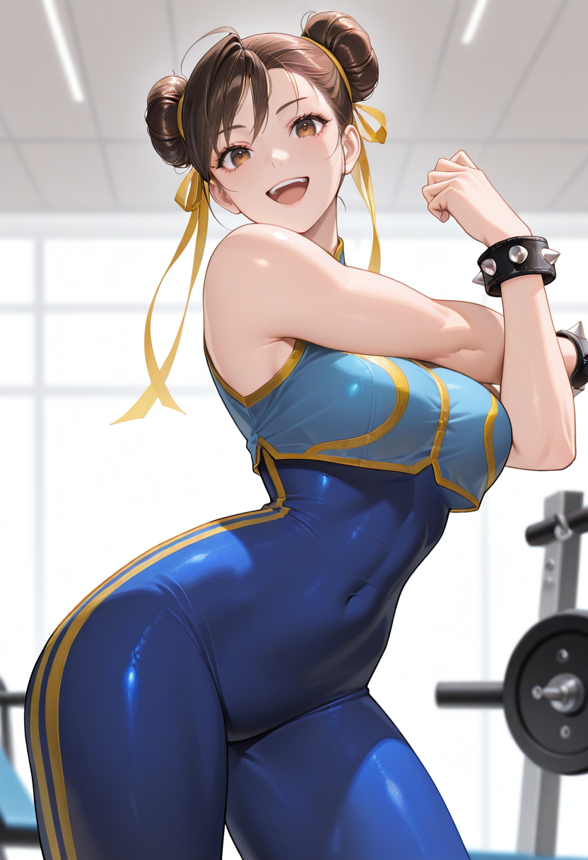 masterpiece, best quality, newest, absurdres, highres , <lora:ChunLiSFIllustrious-000010:1>,  CLIALPH, brown hair, double bun, hair ribbon, yellow ribbon,cropped sleeveless vest, blue bodysuit,  smile, open mouth, gym, stretching, 1girl, solo,  looking at viewer, contrapposto, black bracelet, spiked bracelet,