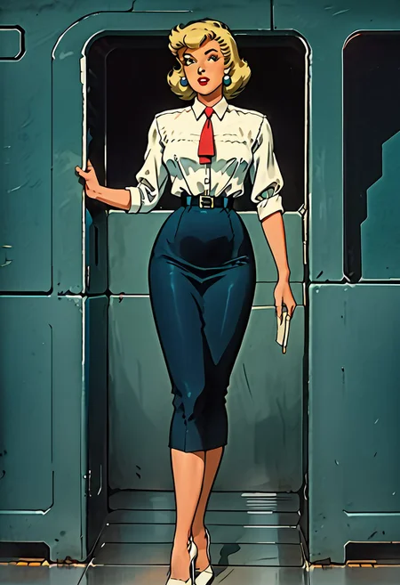 solo, looking at viewer, looking at me, spaceship interior, window, desert landscape, indoors, decarloxl, retro colors, 60s, 1girl, standing, G0083NP, blonde hair, short hair, lipstick, green eyes, earrings, red square-end tie, white shirt, belt, pencil skirt, blue skirt, high heels, white footwear, holding clipboard,