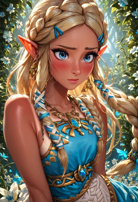 zPDXL, 1girl, masterpiece, absurdres, best quality, Princess Zelda, blonde hair, triforce necklace, blue eyes, eyelashes, long hair, (hyrule style dress, detailed, blue and white):1.4, blush, (bond braid, tan lines, tanned skin, detailed frontal lighting:1.5), standing in flower field <lora:add-detail-xl:1.5> <lora:DetailedEyes_V3:1> <lora:absurdres_quality:1>