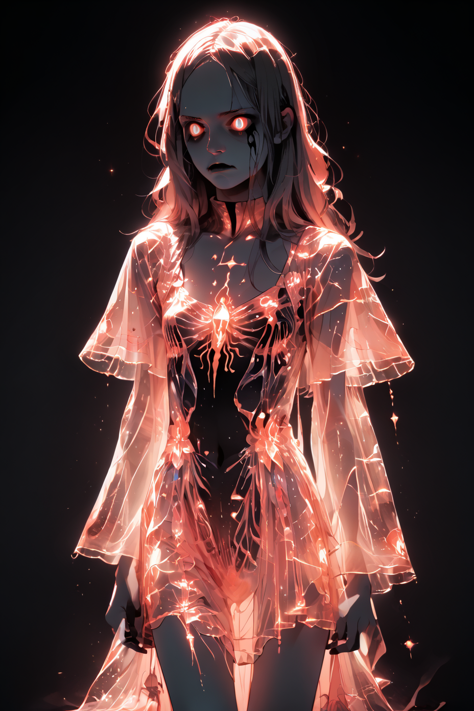 1woman, skinny, skinny legs, long hair, <lora:Vivid_Neon_Mess_Style_PONY:1> <lora:bioluminescent_dress-PD-1.0-full:1> bioluminescent dress,  neon colors, dark, glowing,, score_9, score_8_up, score_7_up, score_6_up, score_5_up, score_4_up, <lora:GRIM_v1:0.4>  greyscale, monochrome, limited palette, horror (theme), eldritch abomination, chaotic, silhouette,, <lora:K040790P:0.8> 040790P, woman, 24 years old, <lora:Breast Slider - Pony_alpha1.0_rank4_noxattn_last:0.2>
