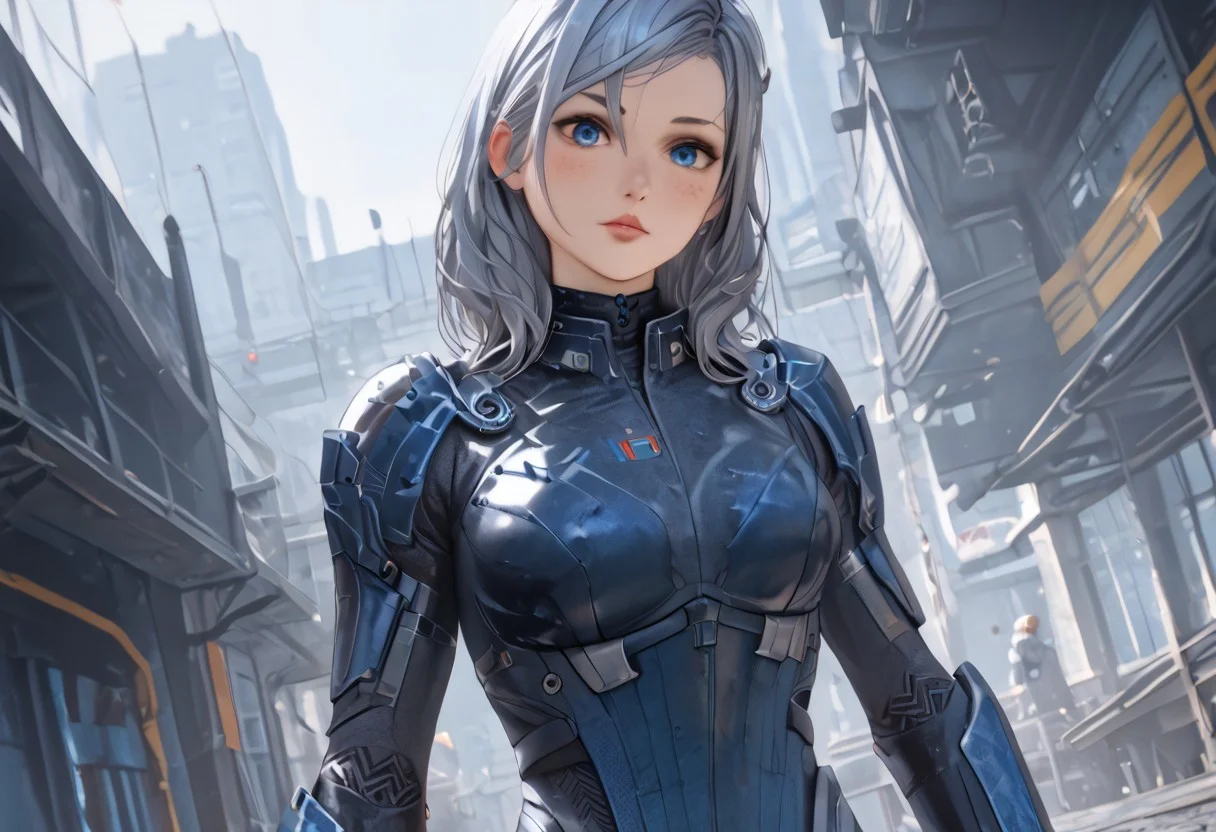 score_7_up,score_8_up,score_9 ((masterpiece,best quality,ultra detailed,highres,HD,4k:1.2) Amalee, long hair, blue hair, grey hair, blue eyes, bodysuit,armor,N7, Wide Shot, Dutch Angle, Anime,