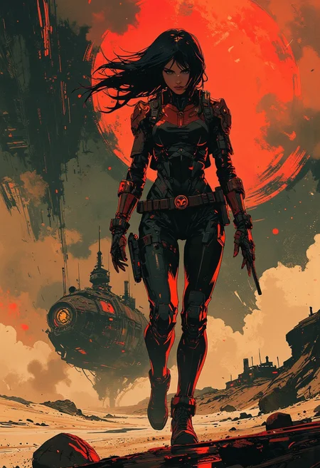in the style of ck-mgs, nistyle, Inkplash art on rice paper, sepia, henna, Silhouette Art, magnificent, inksplash closeup portrait of a female bounty hunter, flowing black hair, reflective black and neon red armor, futuristic armor, a rifle strapped to her back, holding a pistol, abstract background suggesting a landed spaceship on a desert world, 
Cowboy Shot, getting off of her ship, walking down ship's ramp,