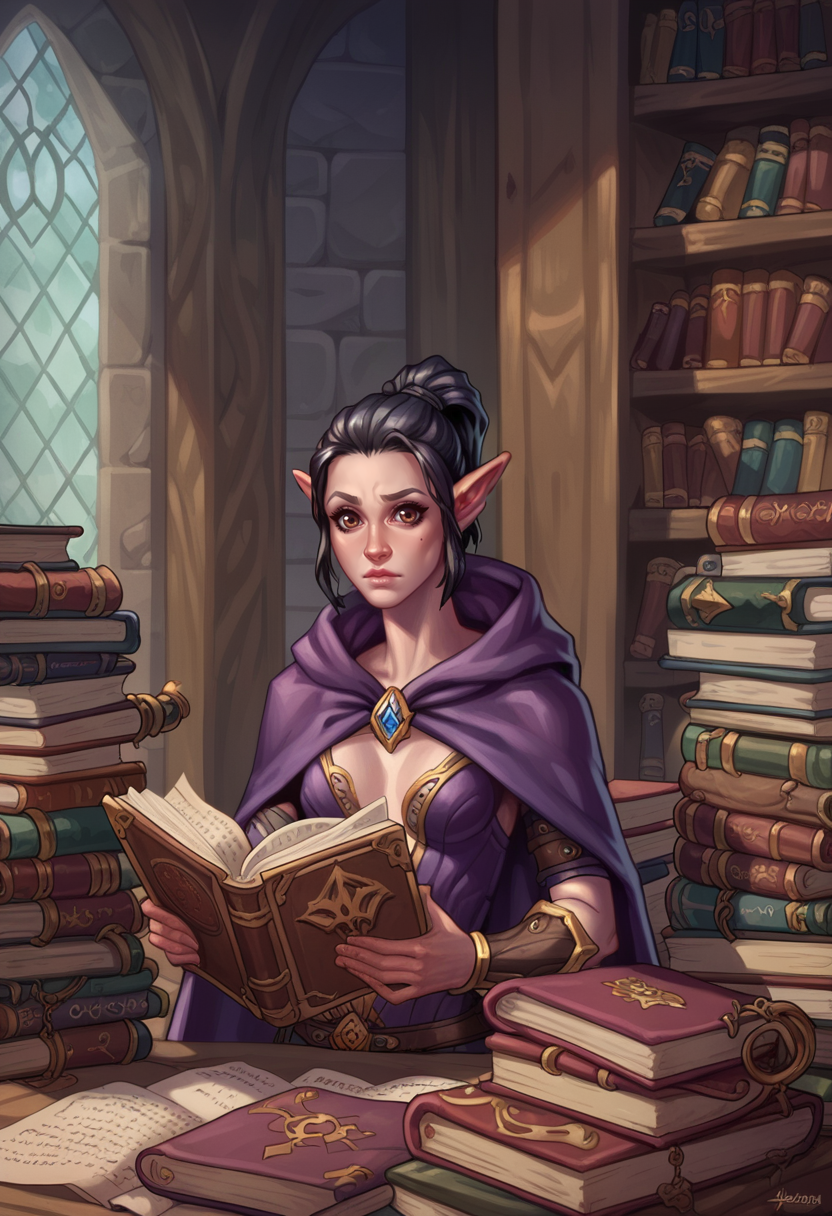score_9, score_8_up, score_7_up, 1girl, solo, SulfS-S3B1LL3,
pointy ears, black hair, short hair, low ponytail, brown eyes,
skinny, tall,
wizard robes, cape, hooded, calm, leather bracers, reading book, calm, relaxed, looking at viewer,
detailed background, library, scrolls,
<lora:Sebille_Kaleran_Divinity_Original_Sin_2-000003:0.7> <lora:Artist_Style_-_LilBoots_PDXL:0.8> lilboots-dh,