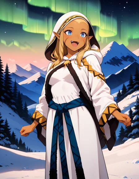 <lora:1_illu_jessica_40e:1> j3ss1c4, 1girl, solo, blue eyes, blonde hair, long hair, tan skin, fangs, facial mark, pointy ears, hood, dress, standing, smile, open mouth, aurora, snow, mountains, trees, (masterpiece, best quality, amazing quality)
