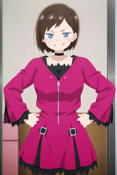 anime screencap, anime coloring, perfect face, perfect fingers
 <lora:Kana_Ichikawa_The_Dangers_in_My_Heart_-_Illustrious:.9>
outside, detailed background, cowboy shot,
Kana Ichikawa, brown hair, short hair, blue eyes, 
looking at the viewer, sexy pose, legs spread, seductive grin,
pink jacket with black trim, choker, black pantyhose, zipper pull tab, dress,
