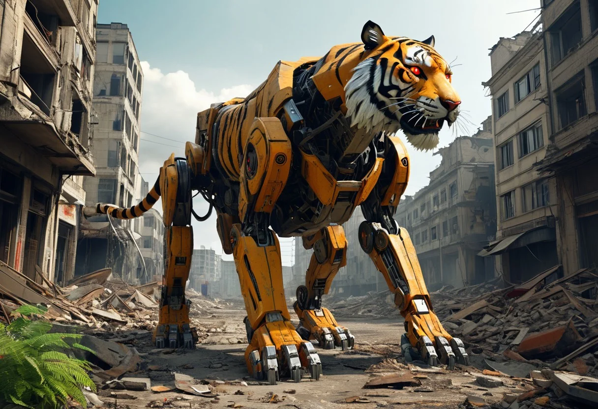 masterpiece, best quality, good quality, a giant robotic tiger walks the streets of a crumbling city. Science fiction, tiger, robot joints, no humans, glowing, red eyes, surreal, cinematic, natural lighting, city, street, mecha, rubble, crumbling building, overgrown, nature reclaiming an abandoned city, cityscape, post apocalypse,