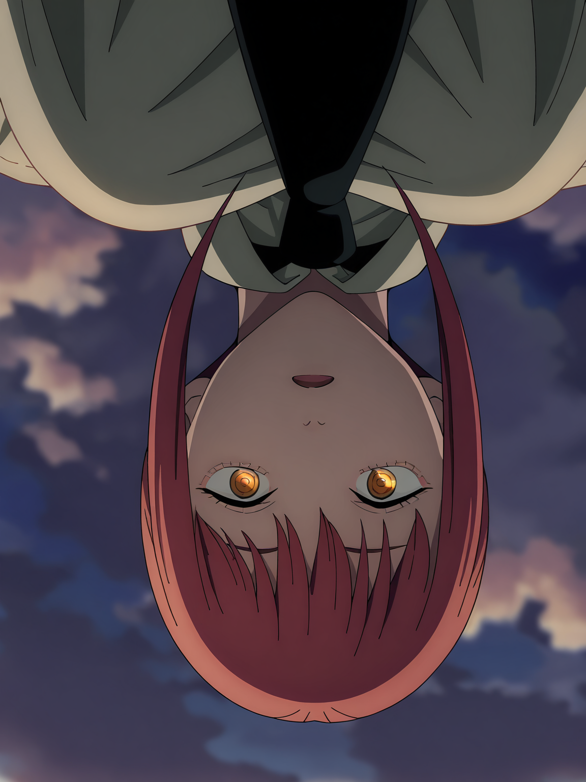 <lora:Makima:0.8>, makima (chainsaw man), 1girl, solo, yellow eyes, red hair, braided ponytail, sidelocks, shirt tucked in, black necktie, surprised, open mouth, looking at viewer, upside-down, from above, pov, upper body, cropped, outdoors, sky, cloud, twilight, blurry background