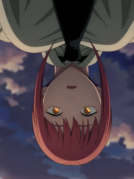 <lora:Makima:0.8>, makima (chainsaw man), 1girl, solo, yellow eyes, red hair, braided ponytail, sidelocks, shirt tucked in, black necktie, surprised, open mouth, looking at viewer, upside-down, from above, pov, upper body, cropped, outdoors, sky, cloud, twilight, blurry background