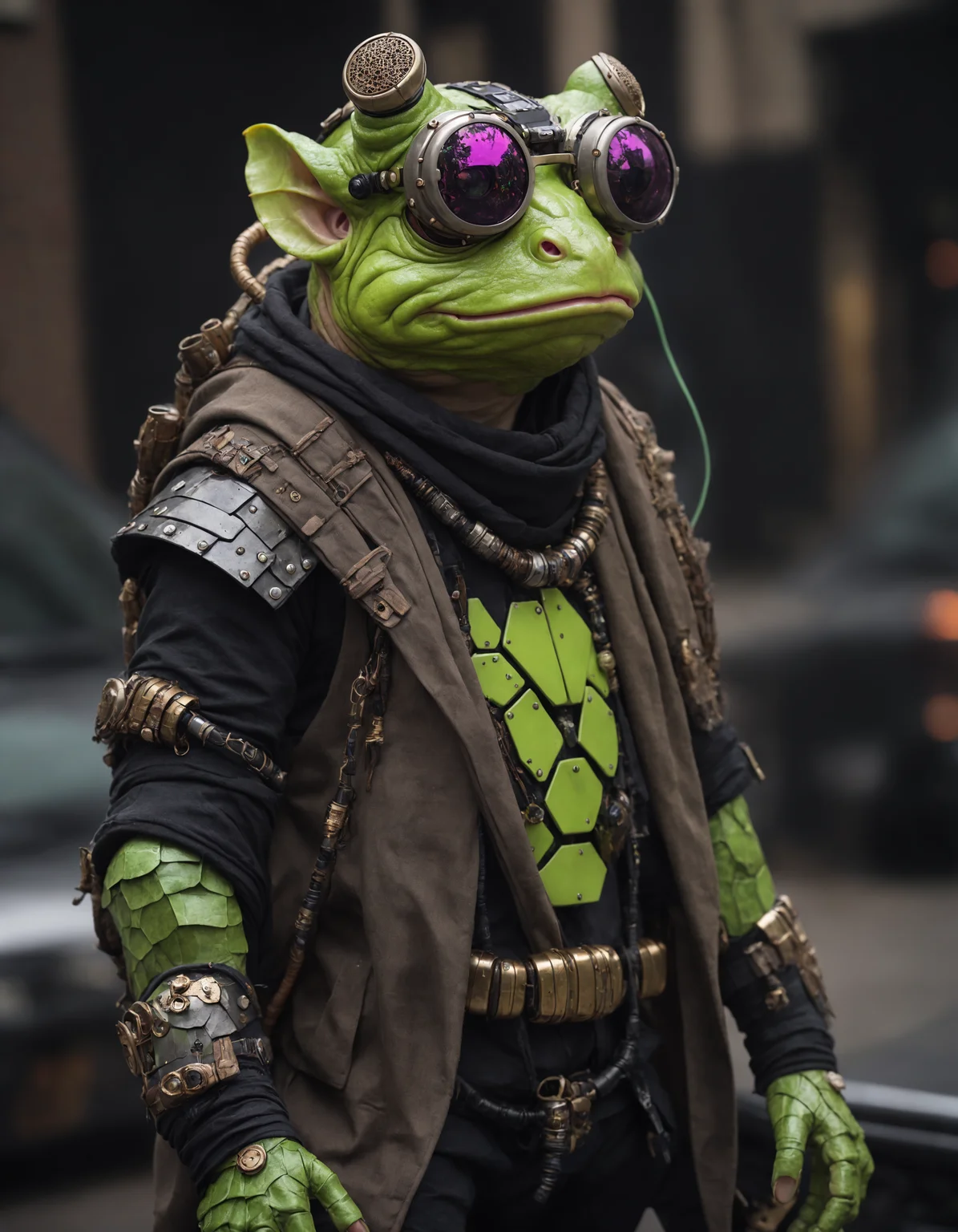a cyberpunk frog, hipster, battle mage, cyberpunk armor, undefined