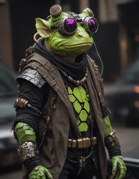 a cyberpunk frog, hipster, battle mage, cyberpunk armor, undefined