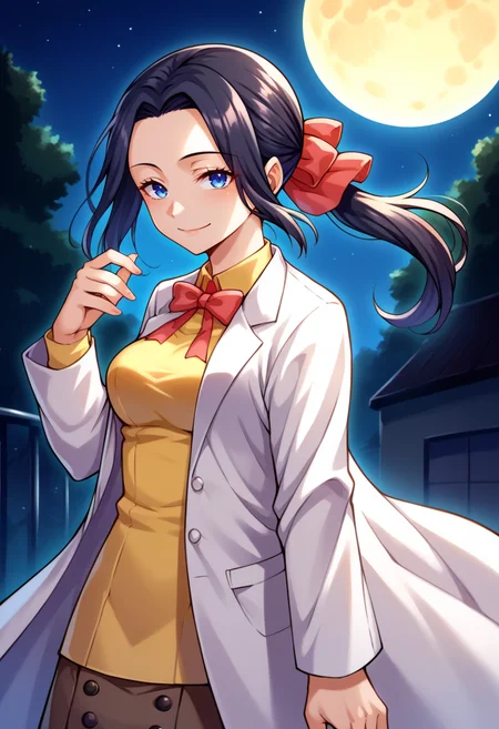 score_9, score_8_up, score_7_up, source_anime, BREAK, solo, 1girl, smile, looking at viewer, <lora:Mari-pdxl_Fp:1>, maridesu, black hair, blue eyes, ponytail, hair ribbon, collared shirt, yellow shirt, ribbon, lab coat, skirt, night, moon, glowing,