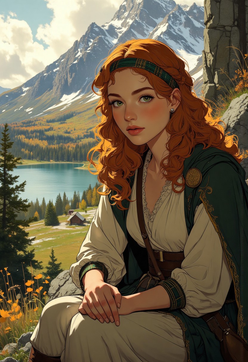 Anime art, Full-length, gorgeous Scottish redhead, naturally curly ginger hair, tartan headband, white medieval-style tunic, tartan cloak, sitting knees to chest on a hill. Backdrop of Scottish Highlands in fall, bright autumn colors, lakes and wooded areas, braided hairstyle, subtle cleavage, diffused lighting, vivid facial expression, intricate fabric details. <lora:aidmaMJ6.1_v0.5_3:0.5>,  <lora:Anime Art V3_Flux:0.5>