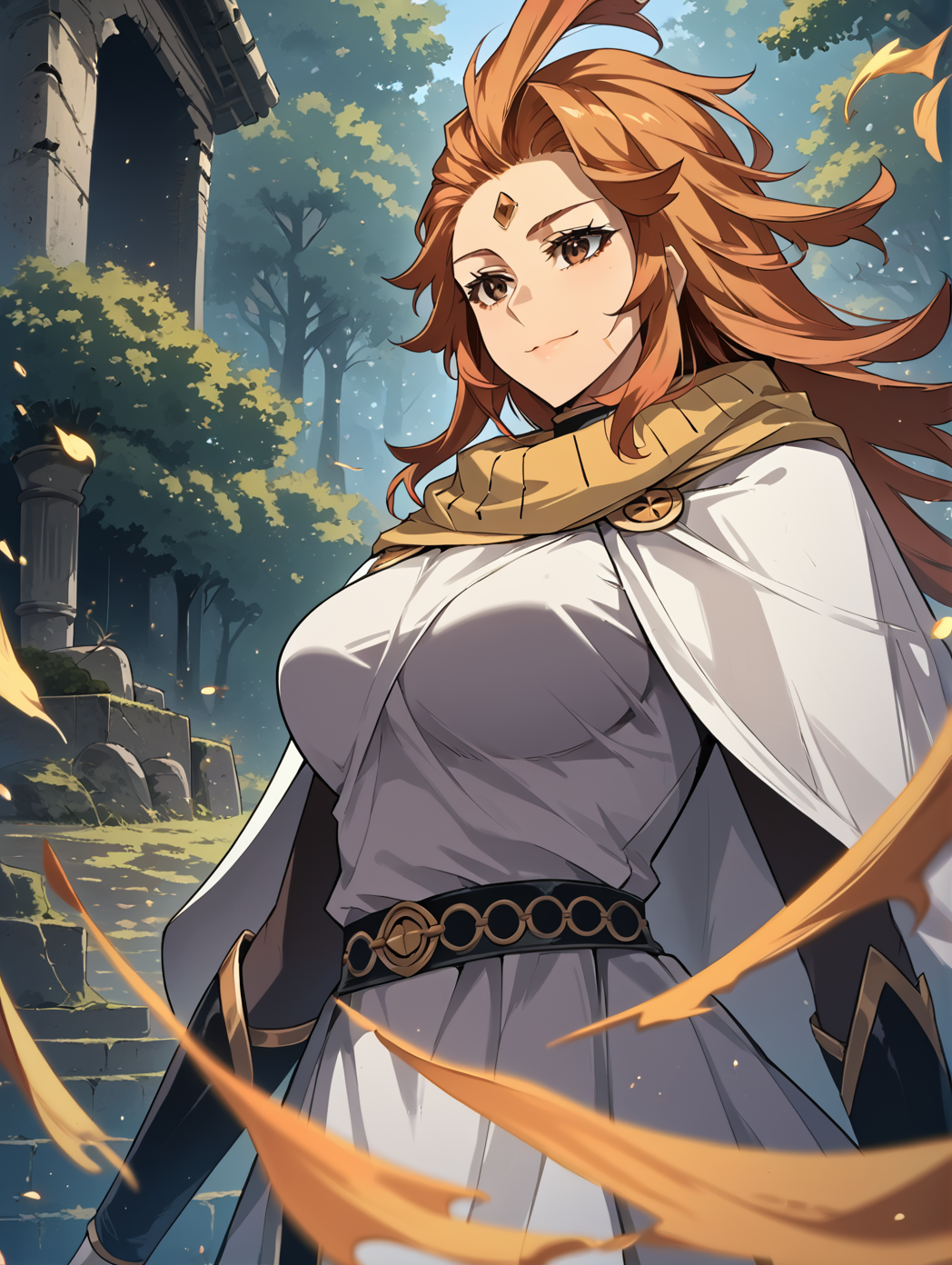 <lora:nix-000002:1>
reddish orange hair, long hair, loose hair, brown eyes, 1 girl, solo, white cape, white dress, white pants, yellow scarf, white tunic, black shirt <lora:!action-sdxl-V0.5:1>
score_9, score_8_up, score_7_up, very aesthetic, source_anime, detailed, high quality, beautiful, masterpiece, detailed eyes, forest, tree, ruins, cowboy shot, dynamic angle, upper body, light smile, big breasts, dynamic pose  <lora:light:1>