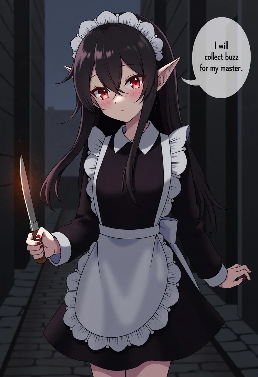 4ur4_illu,shiny, masterpiece,best quality,newest,absurdres,highres,soft shadows,photorealistic,year2024,mutou kurihito,[kimishima ao],[[[bison cangshu]]],[[[[[sheya]]]]],
ailan,(messy hair:1.4),black hair,pointy ears,Enchanting Eyes,red eyes, glowing eyes,long hair,slit pupils, small breasts, 
maid, maid apron, black dress, long sleeves, maid headdress, speaking bubble, one speech bubble,english text, talking, "I will collect buzz for my master" in the speech bubble,
holding knife, spark,
late night, dark, 
scenery, outdoors, dark alley