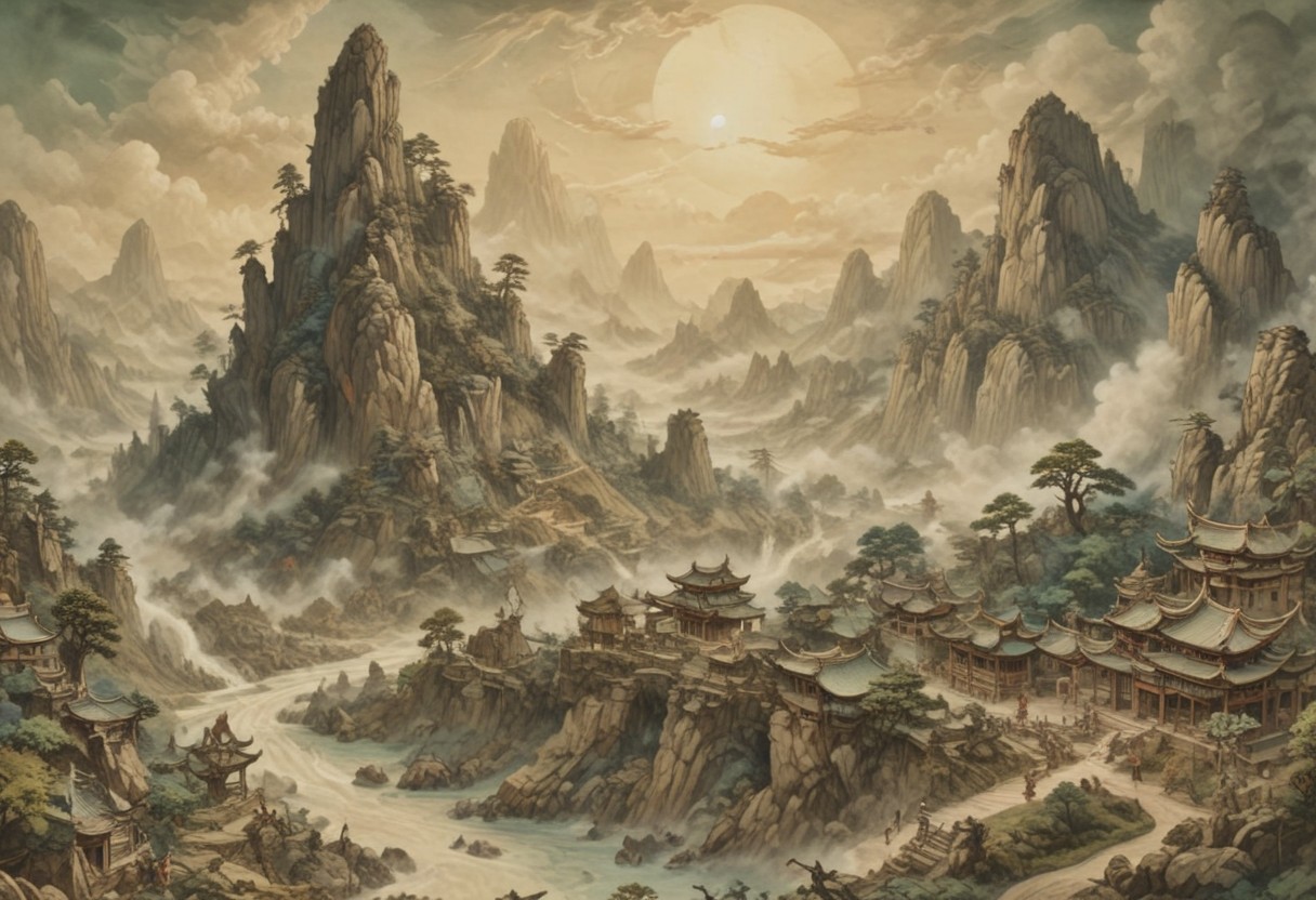 (Ink illustration on parchment, watercolor, ink splashes, Ukiyo-E). ((watercolor)), ((Chinese landscape)), Pagodas, Red-Trees, landscape focus, small figure off-side, Chinese Mountains, Rivers, Clouds, with watercolor washes, (((verdant green landscape))), (((mist, waterfalls))), trees, lush foliage, endless karth mountains that stretch outward to the horizon, a lone woman traversing the landscape!! wearing a bright blue cloak to make the miniscule figure stand out in a landscape dotted with the ruins of an ancient destroyed civilisation, crumbling stone, degraded buildings and temple, a long magical aurora borealis stretching across the sky, a broken moon high in the sky partially turned into an asteroid belt, a Saturn-like ringed-planet world, flickers of magical energy illuminating the land, in the far distance a giant wall of smoke is rising from the shattered earth in which a multitude of faces are forming and screaming, Ink splashes, rough ink sketch, Ghibli style, high contrast, stylized, dark skin, close up on face, head and shoulder, leather medieval top with lowered hood, Art Nouveau Style, detailxl, BadDream, dioramas,