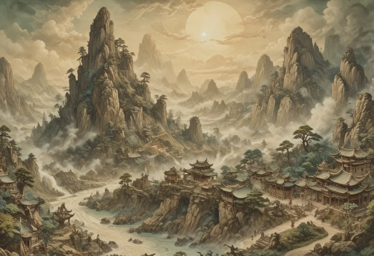 (Ink illustration on parchment, watercolor, ink splashes, Ukiyo-E). ((watercolor)), ((Chinese landscape)), Pagodas, Red-Trees, landscape focus, small figure off-side, Chinese Mountains, Rivers, Clouds, with watercolor washes, (((verdant green landscape))), (((mist, waterfalls))), trees, lush foliage, endless karth mountains that stretch outward to the horizon, a lone woman traversing the landscape!! wearing a bright blue cloak to make the miniscule figure stand out in a landscape dotted with the ruins of an ancient destroyed civilisation, crumbling stone, degraded buildings and temple, a long magical aurora borealis stretching across the sky, a broken moon high in the sky partially turned into an asteroid belt, a Saturn-like ringed-planet world, flickers of magical energy illuminating the land, in the far distance a giant wall of smoke is rising from the shattered earth in which a multitude of faces are forming and screaming, Ink splashes, rough ink sketch, Ghibli style, high contrast, stylized, dark skin, close up on face, head and shoulder, leather medieval top with lowered hood, Art Nouveau Style, detailxl, BadDream, dioramas,