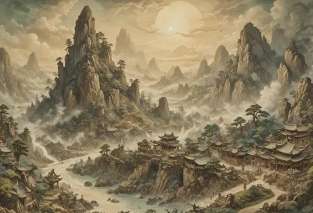 (Ink illustration on parchment, watercolor, ink splashes, Ukiyo-E). ((watercolor)), ((Chinese landscape)), Pagodas, Red-Trees, landscape focus, small figure off-side, Chinese Mountains, Rivers, Clouds, with watercolor washes, (((verdant green landscape))), (((mist, waterfalls))), trees, lush foliage, endless karth mountains that stretch outward to the horizon, a lone woman traversing the landscape!! wearing a bright blue cloak to make the miniscule figure stand out in a landscape dotted with the ruins of an ancient destroyed civilisation, crumbling stone, degraded buildings and temple, a long magical aurora borealis stretching across the sky, a broken moon high in the sky partially turned into an asteroid belt, a Saturn-like ringed-planet world, flickers of magical energy illuminating the land, in the far distance a giant wall of smoke is rising from the shattered earth in which a multitude of faces are forming and screaming, Ink splashes, rough ink sketch, Ghibli style, high contrast, stylized, dark skin, close up on face, head and shoulder, leather medieval top with lowered hood, Art Nouveau Style, detailxl, BadDream, dioramas,
