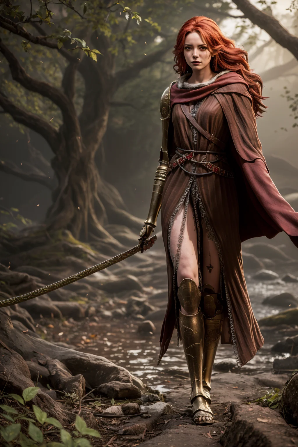 eldenring\(malenia\), (8k, RAW photo, best quality, masterpiece:1.2), (realistic, photo-realistic:1.37),beautiful face, beautiful eyes, very long hair, 1girl, beautiful face, (long red cape:1.3), solo, mecha right arm, mecha left leg, (cursed_left_arm), very long hair, red hair, red cape, dress, closed mouth, full body,(right hand prosthesis:1.3), (((left hand is nature))), ((prosthesis left leg:1.2)),(right leg is nature:1.1), weapon, holding blade in right hand, face to the viewer, malenia_blade, tattoo,((bug)) , standing, injury on right leg,