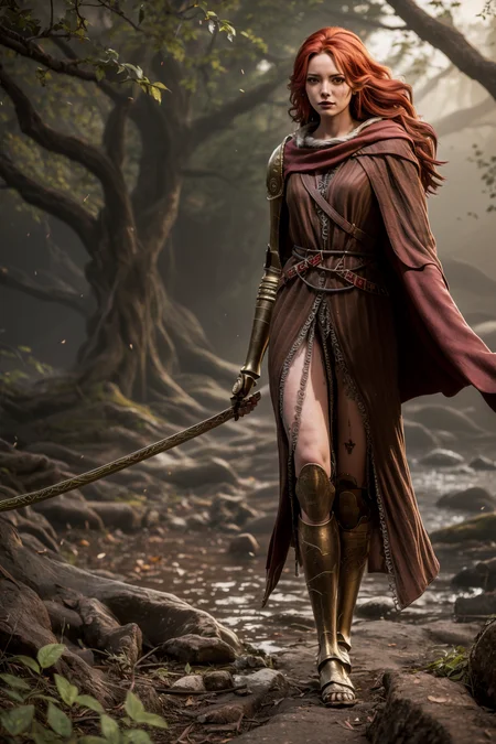 eldenring\(malenia\), (8k, RAW photo, best quality, masterpiece:1.2), (realistic, photo-realistic:1.37),beautiful face, beautiful eyes, very long hair, 1girl, beautiful face, (long red cape:1.3), solo, mecha right arm, mecha left leg, (cursed_left_arm), very long hair, red hair, red cape, dress, closed mouth, full body,(right hand prosthesis:1.3), (((left hand is nature))), ((prosthesis left leg:1.2)),(right leg is nature:1.1), weapon, holding blade in right hand, face to the viewer, malenia_blade, tattoo,((bug)) , standing, injury on right leg,