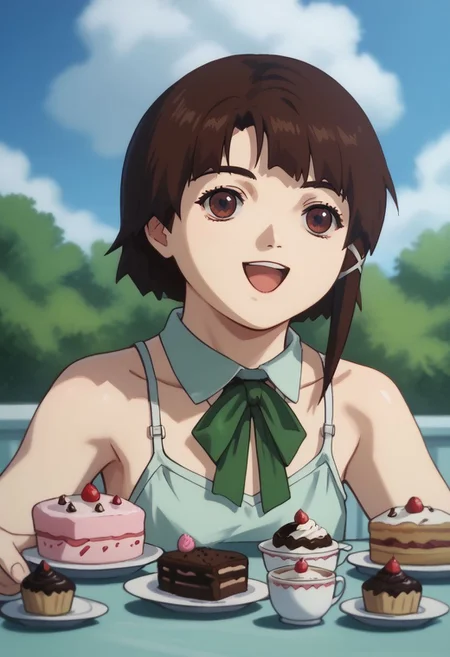 score_9, score_8_up, score_7_up, score_6, source_anime, lain, brown hair, (light green camisole, bowtie), table, tartan tablecloth, (single tea pot, single tea cup), joyful, very happy, ((cupcakes, brownies, madeleines, cakes)), cute, chibi, close view, clouds sky background, outdoors, airborne