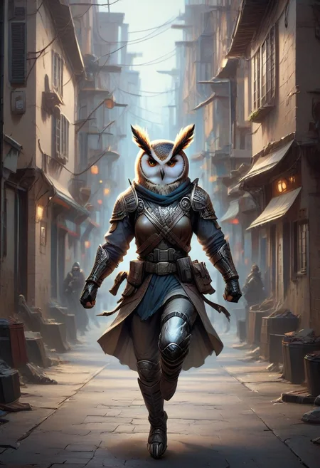 Owlfolk, a soldier running through an alleyway