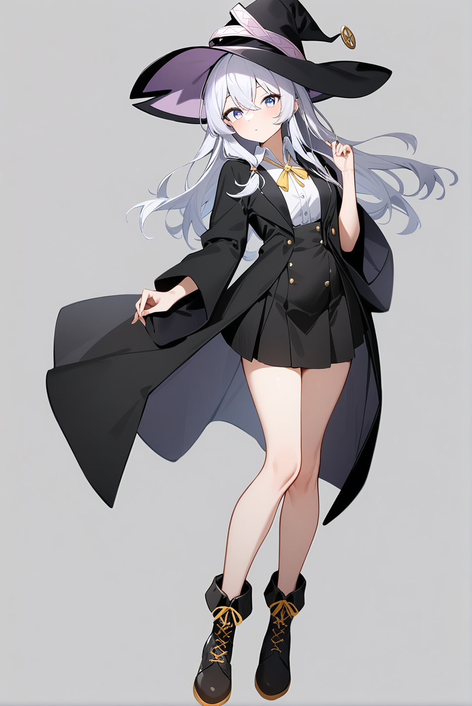 witch hat dress shirt black skirt black robe yellow ribbon boots, mm-elaina, ahoge, 1girl, solo, skinny, masterpiece, absurdres, high quality, highres, best quality, (full body:1.20), recent <lora:mm-elaina-V02-000003:0.5>