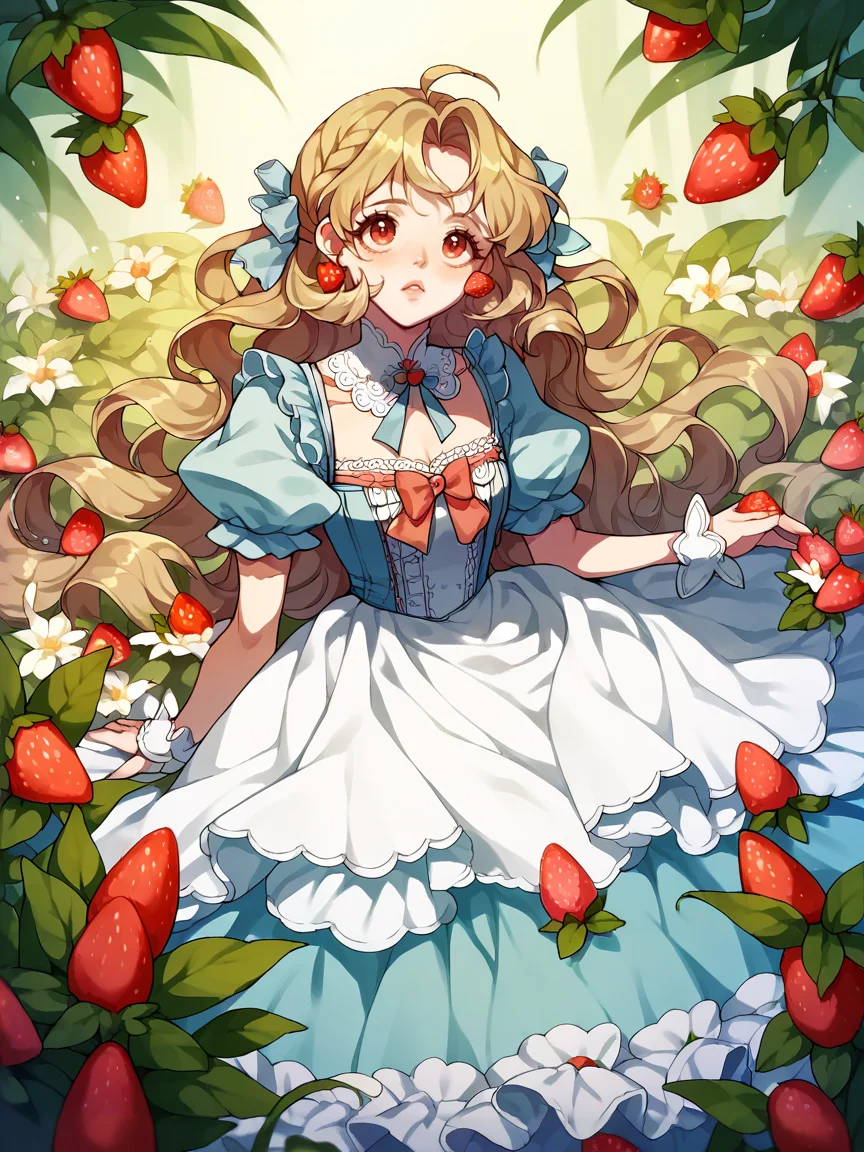 score_9, score_8_up, score_7_up, score_6_up, score_5_up, <lora:lalangheejXLP:1> lalangheej, 1girl, puffy sleeves, dress, strawberry,