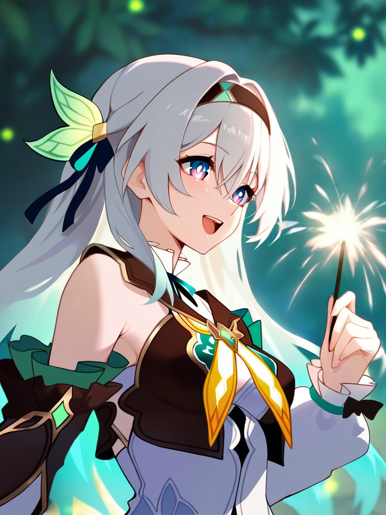 masterpiece, best quality, very aesthetic, highres, absurdres,(miurahha, bacius, ririko \(fhnngririko\):0.4),<lora:star_rail_all-000014:1>ï¼1girl, aqua hair, black hairband, cropped jacket, detached sleeves, fireflies, firefly (honkai: star rail), floating hair, gradient hair, grey hair, hair between eyes, hair ornament, holding fireworks, long hair, long sleeves, multicolored eyes, open mouth, outdoors, smile, solo, upper body, white shirt, yellow neckerchief