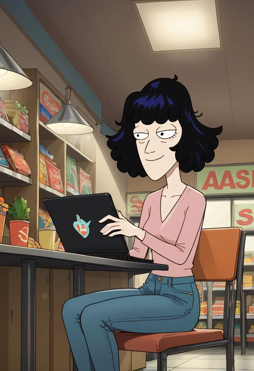 score_9, score_8_up, score_8, <lora:Ms._Frankie_Solar_Opposites_for_PonyXl:0.8> 1girl, msf4nk1e, black hair, solo, smile, blouse, jeans, sitting, indoors, shop, on laptop