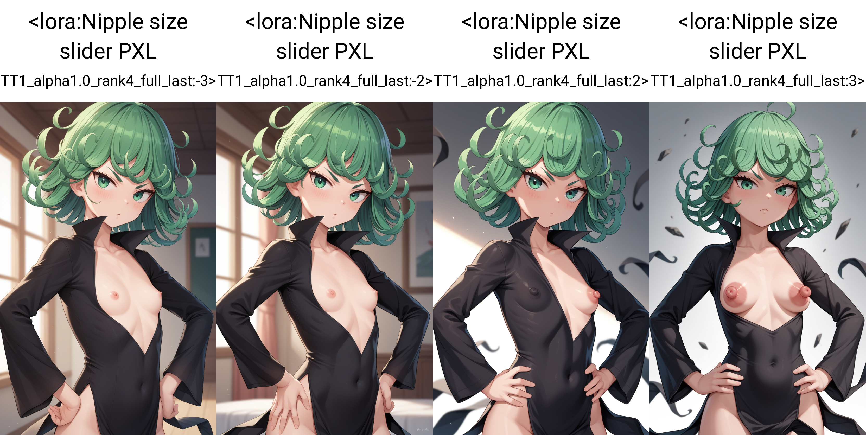 score_9, score_7_up, 1girl, nipples, upper body,  looking at viewer, hands on own hips, small breasts, tatsumaki,   <lora:Nipple size slider PXL TT1_alpha1.0_rank4_full_last:-3>